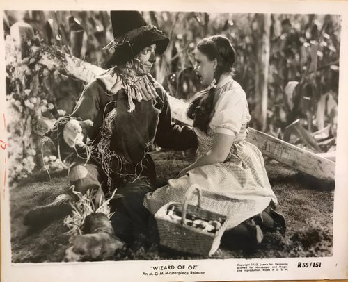 Black and white still from The Wizard of Oz depicting actors Judy Garland and Ray Bolger kneeling on the ground and looking at each other.