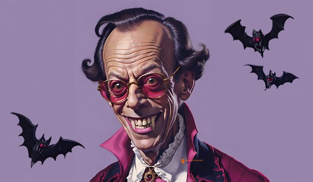 AI-generated image of Dracula with fangs and transparent pink glasses flanked by bats on a purple background