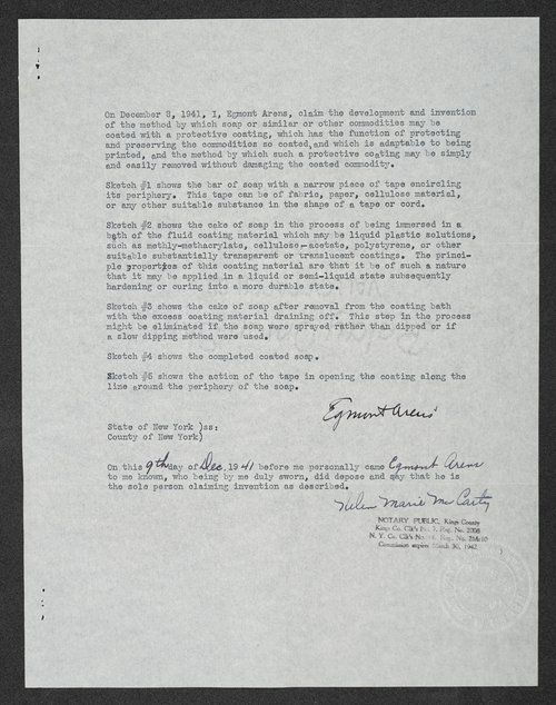Egmont Arens’ claim for a “soap coating process” dated December 8, 1941. Egmont Arens Papers.