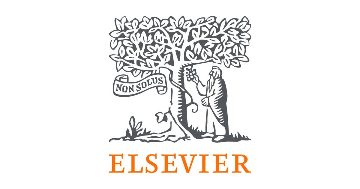 Elsevier logo with Gray tree and man and "Elsevier" in all caps serif orange font