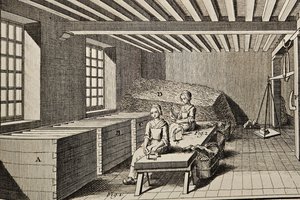 Women sorting rags for papermaking. From Denis Diderot and Jean Le Rond d'Alembert, Recueil de planches, vol. 5, 1767, “Papeterie,” plate 1, Special Collections Research Center.