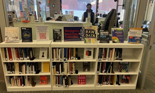 bookshelf outside of Blackstone LaunchPad