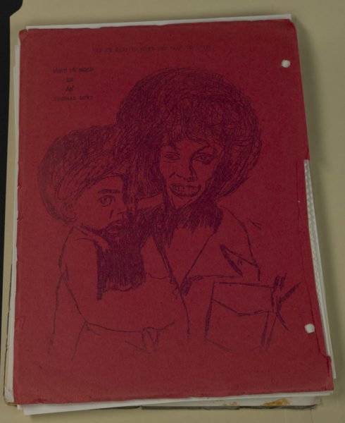 Pencil illustration of mother and child on red background