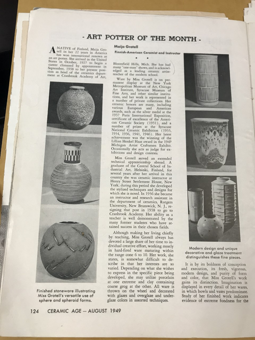 Examples of Maija Grotell’s works featured on a page of the August 1949 Ceramic Age magazine. Rare books.