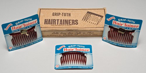 Examples of the “Grip-Tuth Hairtainer,” manufactured in Leominster, Massachusetts by Alice and Lester Sawyer.