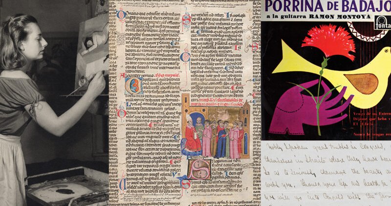 Collage of Special Collections materials including photo of a woman painting, medieval manuscript, record cover, and hand-written note