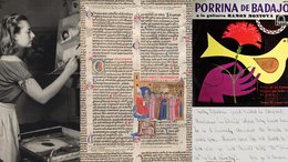 collage of images with girl painting at top, medieval manuscript and colorful graphic; on right words "Explore and Connect"
