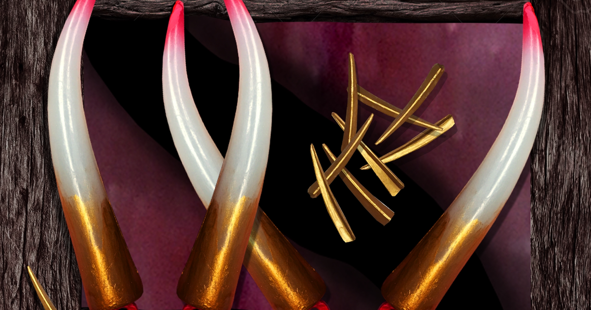 Abstract art with gold, white and red horns and red metal pieces