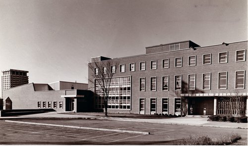 Exterior view of White Hall, 1965. Syracuse University Photograph Collection.