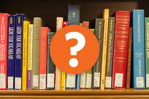 books on shelf with orange question mark icon over top