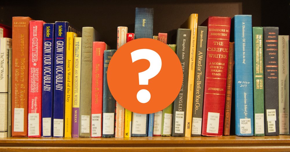 books on shelf with orange question mark icon over top