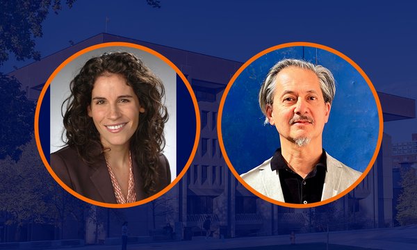 two people in circles with blue sepia background