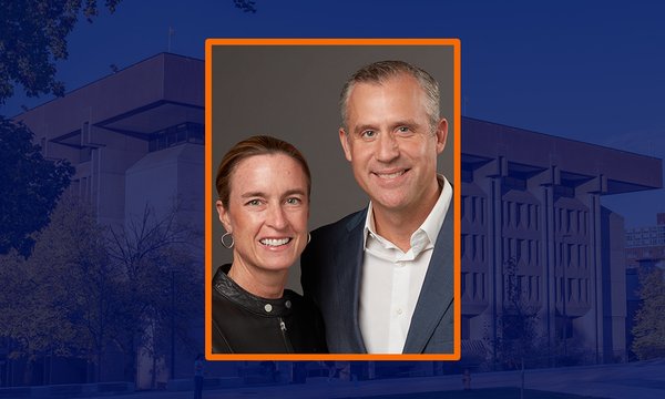 couple in center box, blue sepia of bird library in background