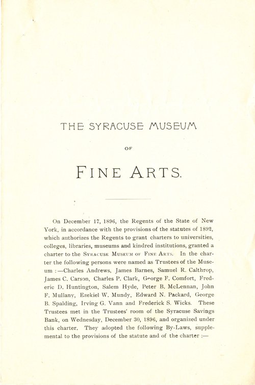 First page of the bylaws of the Syracuse Museum of Fine Arts, later the Everson Museum of Art.