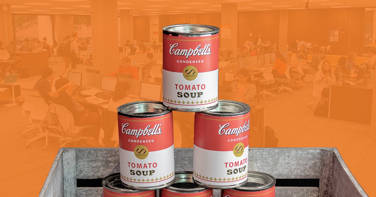 three campbell soup cans with orange background