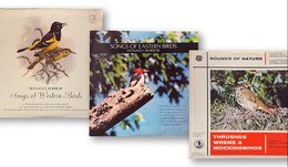 Covers of "Songs of Western Birds," "Songs of Eastern Birds," and "Sounds of Nature: Thrushes, Wrens and Mockingbirds" records with images of each bird