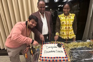Shreyas Hosmani G'25, Asgede Teckie ’25 and Dorine Tyr G'25 celebrate induction into LaunchPad Founders Circle on Dec. 4, 2025.