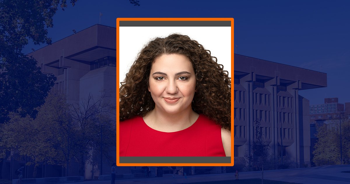 headshot of woman with blue sepia of Bird Library in background