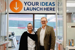Traci Geisler, Director of Blackstone LaunchPad at Syracuse University Libraries, and Bruce Kingma, Professor of Entrepreneurship at the School of Information Studies, co-organizers of the 2024  RvD iPrize and Spirt of Entrepreneurship Award.