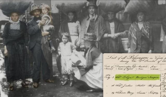 Black and white archival image with several faces recolored, with an overlay of a genealogy document with cursive writing highlighted in green