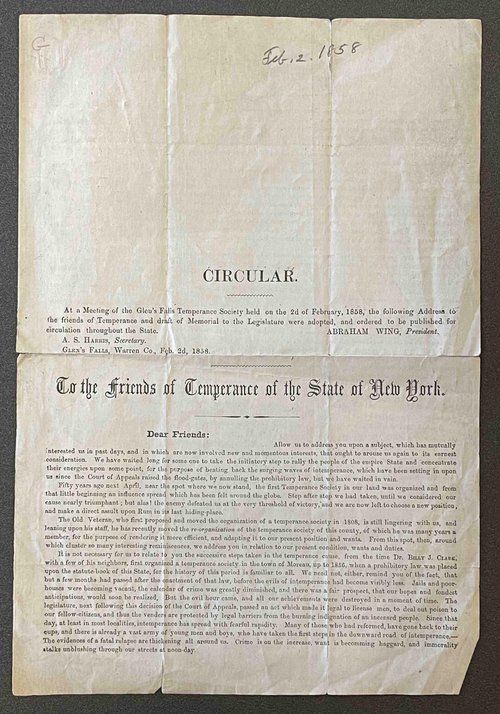 Gerrit Smith pamphlet, “To the Friends of Temperance of the State of New York”, dated 1858, which advocates for a new state amendment. Gerrit Smith Pamphlets and Broadsides, Rare books.