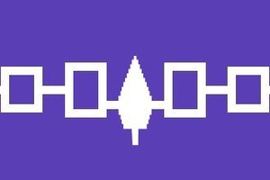 Haudenosaunee flag: purple with geometric shapes in reverse white