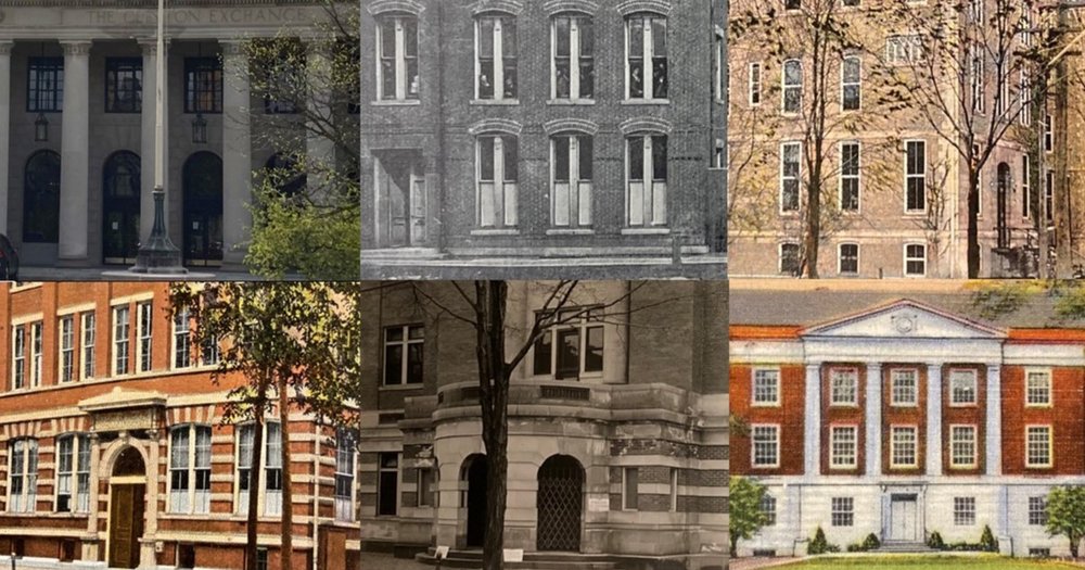 collage of 6 building photos