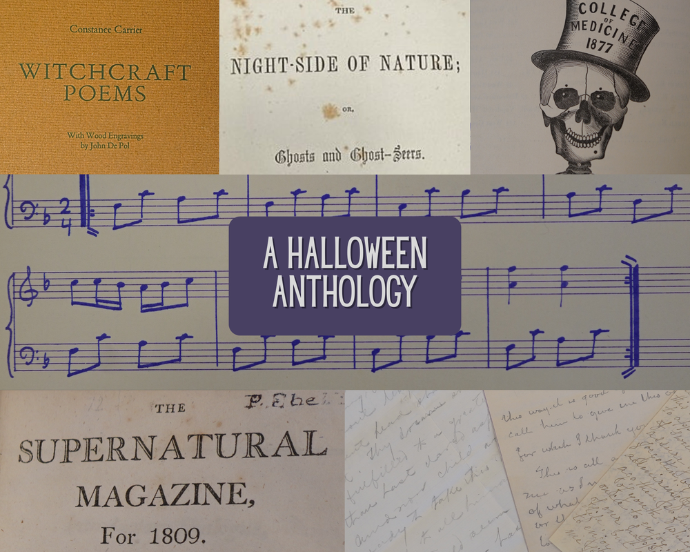 quilt of various images next to one another with "A Halloween Anthology" in the middle