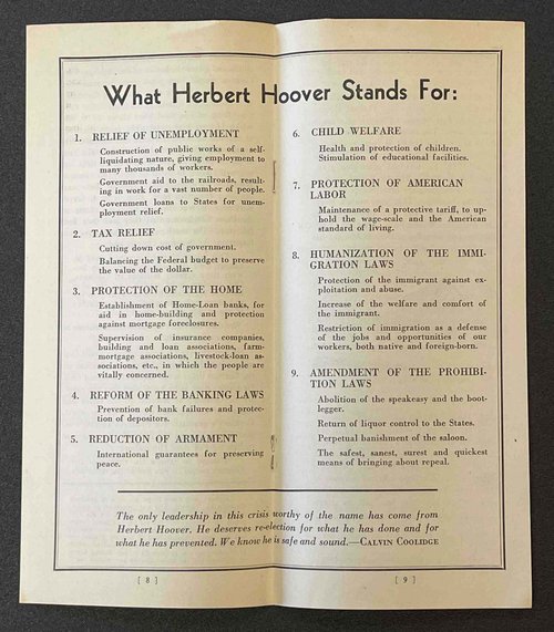 Herbert Hoover’s 1932 platform included “Amendment of the Prohibition Laws,” demonstrating how Republicans and Democrats had become united on this issue by this time. Campaign Collection.