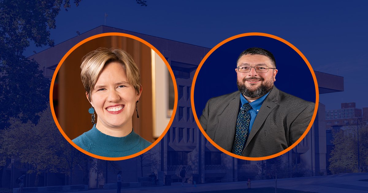 two headshot with blue sepia background