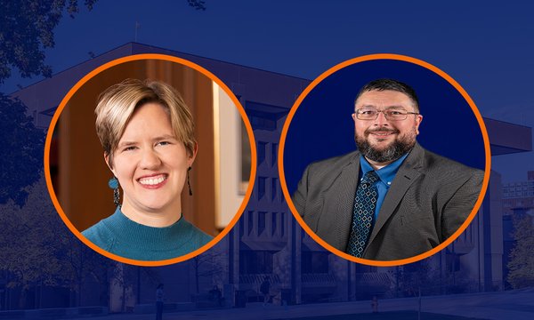 two headshot with blue sepia background