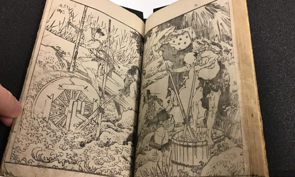 Two interior pages of a book with wood block prints