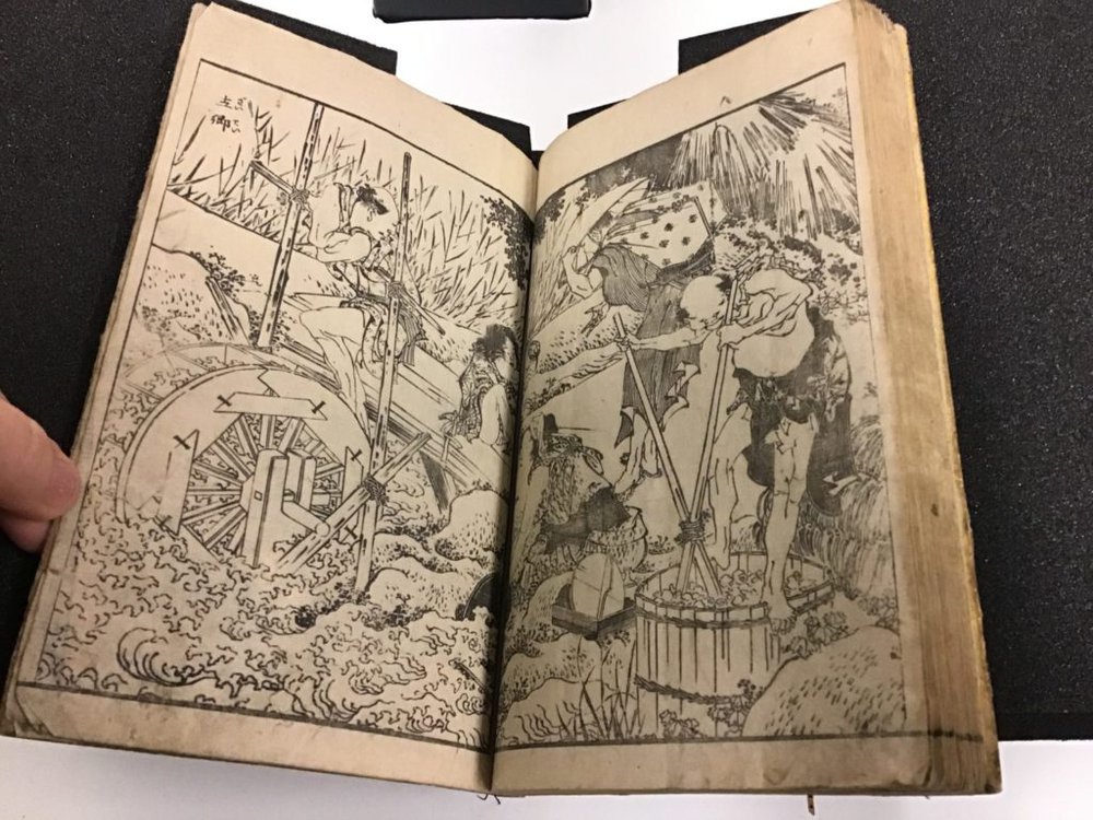 Two interior pages of a book with wood block prints