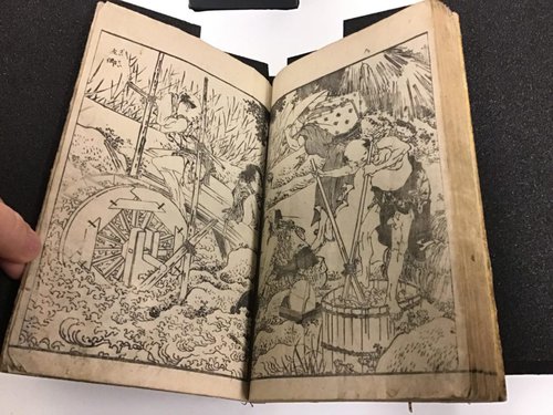 Two interior pages of a book with wood block prints.
