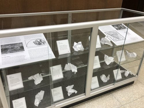 display case with paper origami and descriptions