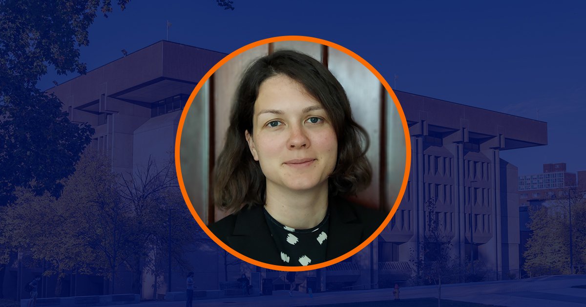 Circular portrait of Irina Savinetskaya with orange outline over dark blue overlaid image of Bird Library