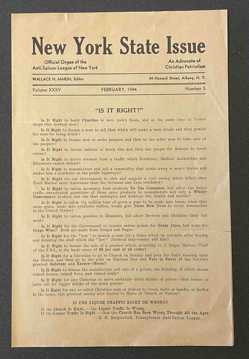 “Is it Right?” [1944] from the New York State Issue, a Anti-Saloon League publication, saved by Welch. Edgar T. Welch Papers.