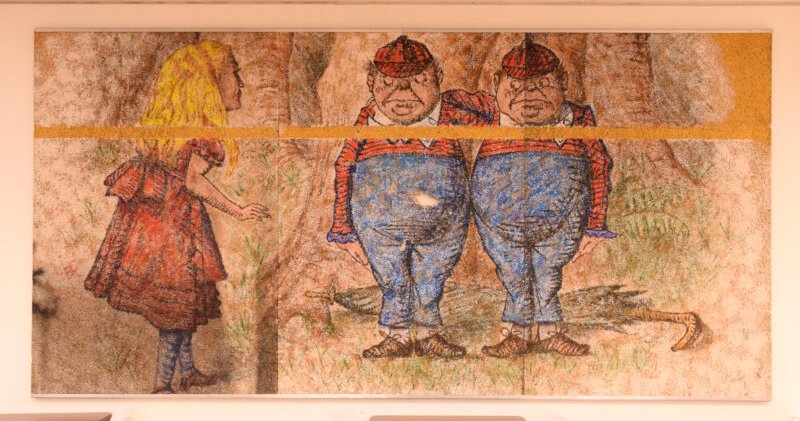 Jabberwocky Mural featuring characters from Alice in Wonderland, including Alice in a red dress, Tweedledee and Tweedledum