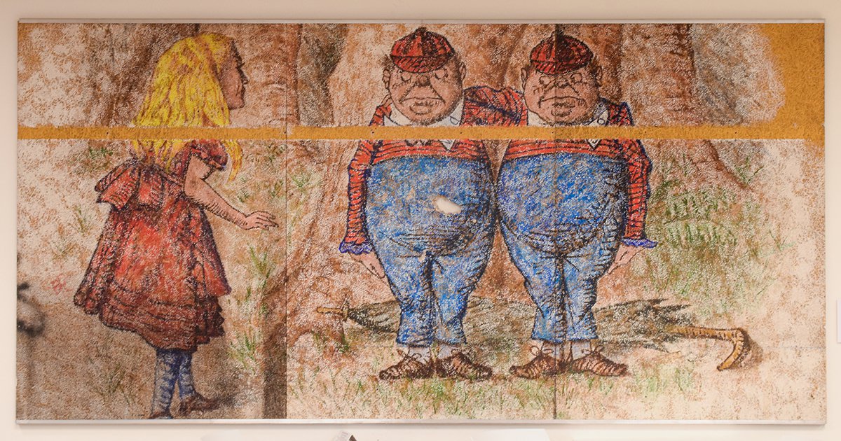 Jabberwocky Mural featuring characters from Alice in Wonderland, including Alice in a red dress, Tweedledee and Tweedledum