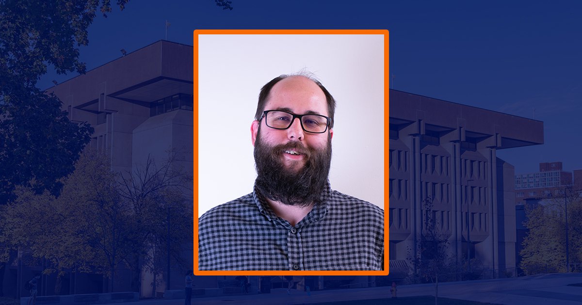 headshot with blue sepia image of Bird Library in background