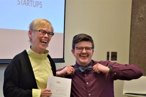 VPA Industrial and Interaction design student Jacob deHahn was the big winner of the iPrize for his startup Bowtie Boulevard, with iSchool Dean Liz Liddy