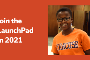 Join the Launch Pad in 2021 graphic poster, include a female student smiling
