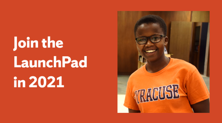 Join the Launch Pad in 2021 graphic poster, include a female student smiling