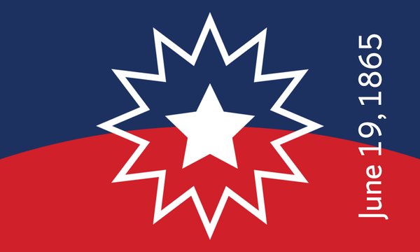 blue background on top half, red background on bottom half, white star inside white burst outline in middle. Along right side is date June 19, 1865