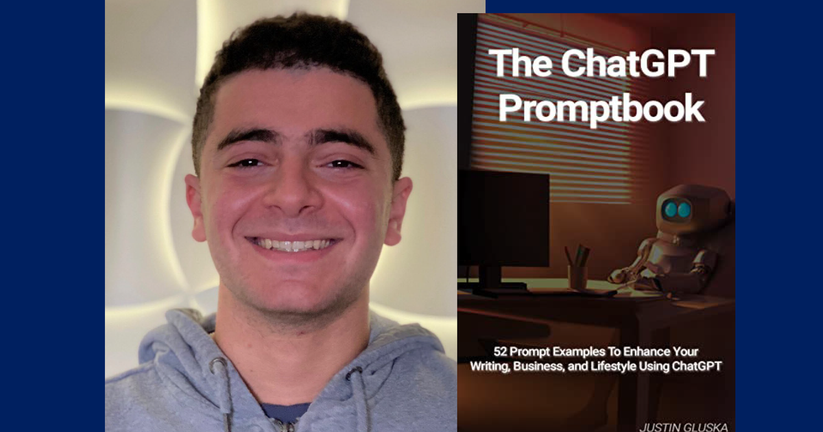 Justin Gluska photo and The ChatGPT Promptbook cover placed side by side