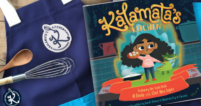 cartoon looking book cover next to a whisker and an apron