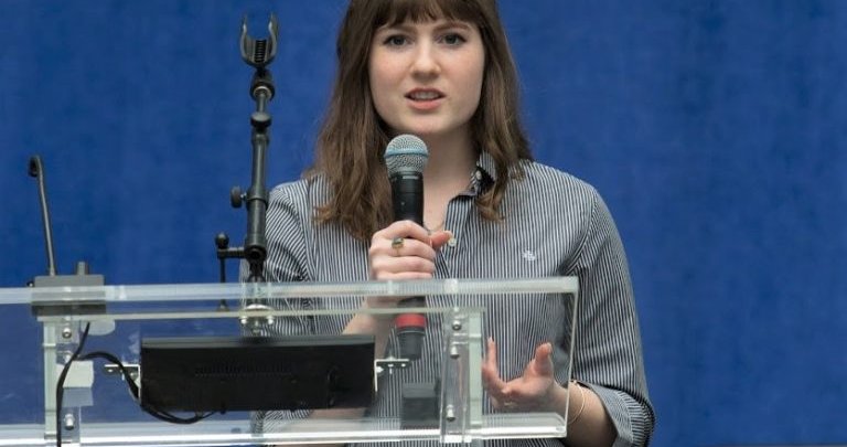 student pitching on stage