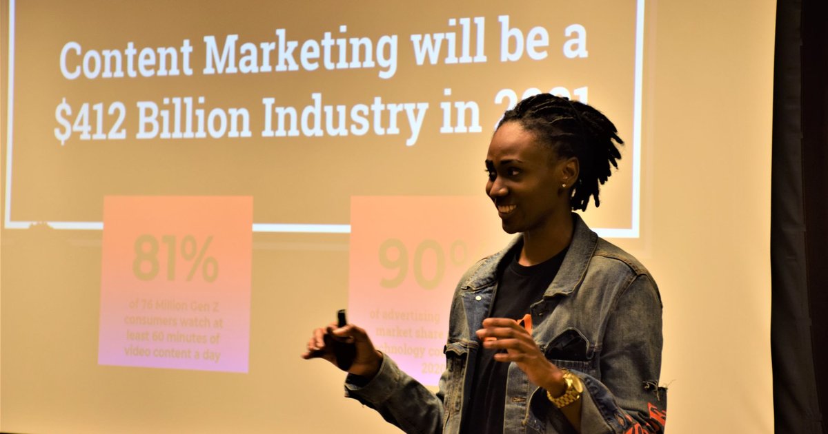 Kelsey pitching at a campus competition