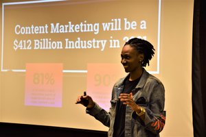 Kelsey Davis, co-founder of CLLCTVE, pitching at a campus competition