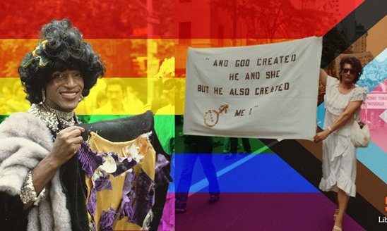 pride flag with overlay of transgender person and another person protesting holding white sign